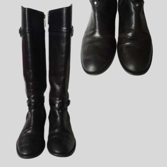 TORY BURCH LOGO CALISTA BLACK LEATHER KNEE HIGH EQUESTRIAN RIDING BOOTS 7.5 - Picture 2 of 10